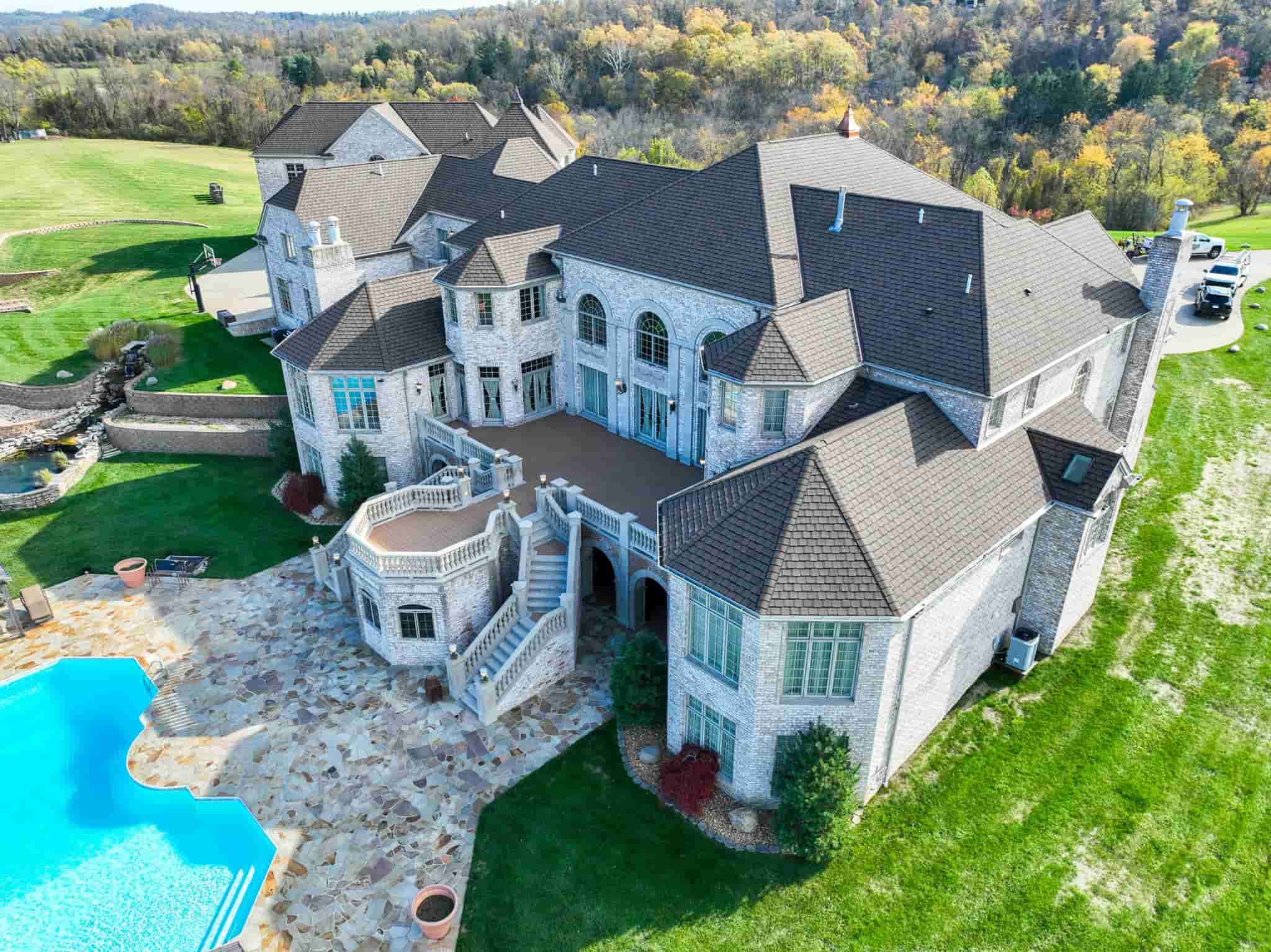 Aerial Shot of the grounds and roof of the mull mansion